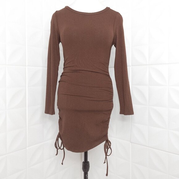 Brown Bodycon Stretch Ruched Dress Ribbed Knit Long Sleeve M Steve Madden - Picture 1 of 12